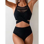 お買い得  ビキニセット-女性用ビキニ2ピース水着 セクシーカットアウト チーキー スマート コントロール ハイウエスト スリム バカンス ビーチウェア ソリッドカラー Vネック ノースリーブ水着