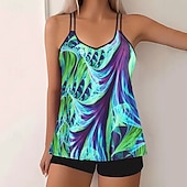cheap Tankinis-Women's Swimwear 2 Piece Shorts Swimsuit Backless Vacation Beach Wear Graphic Color Block V Neck Sleeveless Bathing Suits