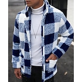 Недорогие Толстовка с капюшоном из флиса-Муж. Толстовка Флисовая толстовка Флисовая жилетка Синий Хаки Воротник-стойка В клетку Карман Для занятий спортом Повседневные Праздники Полиэстер Уличный стиль Классический На каждый день Осень Зима