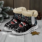 baratos Sapatos de Natal Femininos-Botas femininas natalinas quentinhas com forro de pele e estampa fofa de Papai Noel com gatinho – estilo aconchegante de inverno, sola leve antiderrapante, perfeitas para festas de fim de ano, passeios ao ar livre, uso casual e para presentear no Natal.