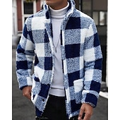 Недорогие Толстовка с капюшоном из флиса-Муж. Толстовка Флисовая толстовка Флисовая жилетка Синий Хаки Воротник-стойка В клетку Карман Для занятий спортом Повседневные Праздники Полиэстер Уличный стиль Классический На каждый день Осень Зима