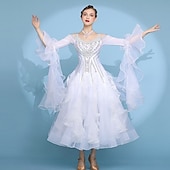 cheap Competition Wear-Ballroom Dance Dress Pleats Splicing Crystals / Rhinestones Women's Performance Training Long Sleeve High Spandex Mesh