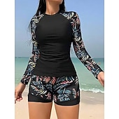abordables Tankinis-traje de baño de dos piezas para mujer tankini de palmera alta cintura control de abdomen alta cintura sin espalda vacaciones ropa de playa hojas florales cuello redondo de manga larga