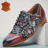 cheap Elemental Dress Shoes-Men's Black Leather and Floral Pattern Lace-up Shoes - Fashion-forward Footwear for Semi-formal Gatherings, Evening Parties and Trendy Casual Wear