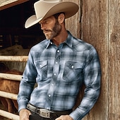 economico camicie western da uomo-Per uomo Tartan Griglia / Plaid Motivo Geometrico Camicia Camicia Western Camicia da cowboy Manica Lunga Vintage Retrò Casuale All'aperto Abbigliamento da lavoro Primavera Autunno Collo ripiegato Due