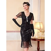 cheap 1920s Dresses-Roaring 20s 1920s Knee Length Flapper Dress Short Sleeves The Great Gatsby Sequins Fringe V Neck Fancy Dress Women's Christmas Carnival speakeasy Masquerade Retro Theme Party Adults' Dress
