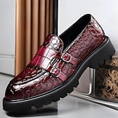 tanie Loafery-męskie bordowe mokasyny ze sztucznej skóry z ozdobnymi klamrami – luksusowe wsuwane buty na eleganckie okazje i świąteczne spotkania