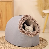 abordables Linge de lit-Lit-niche en peluche pour chats d'intérieur &amp;niche pour petits chiens avec revêtement moelleux, lit amovible auto-chauffant et antidérapant, abri lavable pour chat