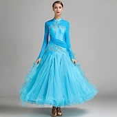 Недорогие Стандартный бальный зал-Женское элегантное платье для бальных танцев бирюзового цвета, украшенное стразами, с высоким воротником, для вальса, танго, румбы, современного танца, для выступлений на соревнованиях