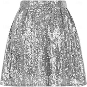 preiswerte Bauchtanzkleidung-Samba Tanzbekleidung Damen Paillettenrock Funkelnde dehnbare High-Waisted A-Linie fließende Schwung Glitzer Mini-Röcke Leistungs-Kostüm