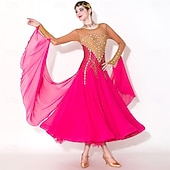 cheap Competition Wear-Women's Elegant Fuchsia &amp; Gold Ballroom Dance Dress Rhinestone Embellished Waltz Tango Modern Rumba Competition Performance Gown