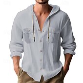 preiswerte Herrenhemd zum Knöpfen-Herren Hemd Sommerhemd Freizeithemd Strandhemd Knopfhemd Marineblau Langarm Einfach Mit Kapuze Lässig Täglich Tasche Bekleidung Baumwolle Mode Lässig Bequem