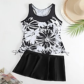abordables Tankinis-Mujer Bañadores 2 piezas Falda Traje de baño Espalda al Aire Vacaciones Ropa de playa Floral Graphic Escote Redondo Sin Mangas Trajes de baño