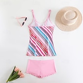 Χαμηλού Κόστους Τανκίνι-Γυναικεία Μαγιό 2 κομμάτι Σορτσάκια Μαγιό Εξώπλατο Διακοπές Ρούχα παραλίας Ριγέ Στρογγυλή Λαιμόκοψη Αμάνικο Μαγιό