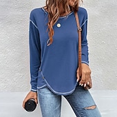 cheap Plain tee-Women's Blouse Buttons Plain Tropical Stylish Casual Long Sleeve Crew Neck Regular Tops Daily Holiday Going out Navy Blue Light Grey Light Blue Fall Winter