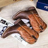 abordables Botas de cuero de primera calidad-Hombre Botas Botas cowboy Retro Zapatos de Paseo Cuero Piel de vaca italiana de plena flor Cómodo Antideslizante Templado Mitad de Gemelo Mocasín Morrón Oscuro Otoño Invierno