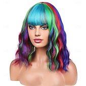baratos Perucas de Carnaval-Peruca de Carnaval Vermelho Azul Roxo Encaracolado Curto Peruca sintética para festivais Mardi Gras Parada Cabelo para fantasia de cosplay para Feminino