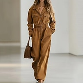 cheap Rompers-Women's Loungewear Onesie Fashion Sport Casual Pure Color Pocket Buttons Vacation Home Date Long Sleeve V Neck Khaki Spring Fall Winter Regular Fit