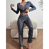 preiswerte Damen Schlafoberteile und -unterteile-Damen Schlafanzug Set Lässig Komfort Blumen Elastischer Bund Hose Heim Täglich Langarm V Ausschnitt Blau Schwarz Weiß Rosa Frühling Herbst Normale Passform