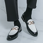 billiga Loafers-Herrloafers i vitt och blått i lack med metallspänne – trendiga skor för semiformella sammankomster och fester