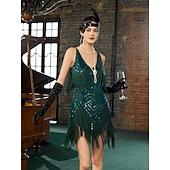 billiga 1920-talets klänningar-Set Roaring 20s 1920s Mini Dress Flapper Dress Outfits with Accessories Sleeveless The Great Gatsby Charleston Sequins Tassel Fringe Feather Deep V Fancy Dress Women's Carnival New Year Masquerade