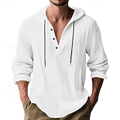 cheap Men's Popover Shirts-Men's Shirt Popover Shirt Summer Shirt Casual Shirt Beach Shirt Black White Yellow Navy Blue khaki Long Sleeve Solid Color Hooded Vacation Casual Drawstring Clothing Apparel Fashion Casual Comfortable