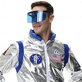  カップル用宇宙飛行士コスチューム ジャンプスーツ カーニバルコスチューム ワンジー マスク付き グループコスチューム 男性用 女性用 シルバー 宇宙服 刺繍パッチ付き