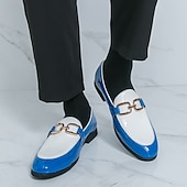 billiga Loafers-Herrloafers i vitt och blått i lack med metallspänne – trendiga skor för semiformella sammankomster och fester