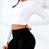 baratos Yoga Tops-Mulheres Camisetas Compressão Camada de base Tops de ioga Gola Redonda Compressão abdominal Manga Longa Esportes Côr Sólida Blusas Para Esportivo Pilates Roupas Esportivas