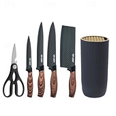 levne Kuchyňská sada-sada kuchyňských nožů, 6dílná luxusní sada nožů s dřevěným potahem, rukojeť s lehkou dřevěnou kresbou, nepřilnavý šéfkuchařský nůž z nerezové oceli s blokem na nože