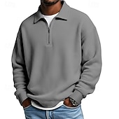 voordelige Klassieke polo voor heren-Voor heren Wafel Poloshirts Met Textuur Casual Buiten Kwart ritssluiting Lange mouw Modieus Modern Effen Kleur Met Textuur Gebreid Lente &amp; Herfst Alle seizoenen Ruim Passend Zwart Marineblauw