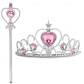 abordables Accesorios-Conjunto de accesorios de tiara de princesa de cuento de hadas Elsa para niñas, cosplay de película, lindo Halloween, corazón rojo, corazón de melocotón verde claro, Phnom Penh, tiaras de diamantes amarillos, varita, disfraces de Halloween