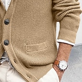 preiswerte Herren Strickjacke-Herren Pullover Strickjacke Gerippt Stricken Normale Oberteile Knopf hoch Gestrickt Einfarbig Schalkragen Urlaub Mode Lässig Alltagskleidung Bekleidung Frühling &amp; Herbst Herbst Winter Schwarz Braun M