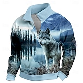 preiswerte Jagdpullover-Herren MOON Wolf Pullover 3D Vintage-Retro Stehkragen Outdoor Arbeit Geschenk Blau 1 Blau 3# Blau 2# Blau Reißverschluss Herbst Winter Designer S M L XL XXL XXXL