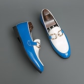 billiga Loafers-Herrloafers i vitt och blått i lack med metallspänne – trendiga skor för semiformella sammankomster och fester