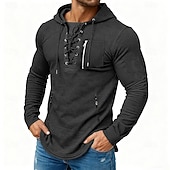preiswerte Basic-T-Shirts-Herren T Shirt T-Shirt Langarmshirt Langarm Mit Kapuze Frühling &amp; Herbst Ganzjahres Einfarbig Mode Designer Basic Schnürung Reißverschlusstasche Urlaub Straße Lässig Dunkelgrau Schwarz Koffee Top
