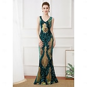 cheap 1920s Dresses-Roaring 20s 1920s Floor Length Dress Evening Dress Party Costume Sleeveless The Great Gatsby Sequin V Neck Fancy Dress Women's Christmas New Year Evening Party Party Wedding Adults Dress