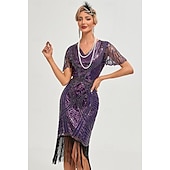 preiswerte 1920er Kleider-Goldene Zwanziger 1920er Knielang Flapper Kleid Kurze Ärmel Der große Gatsby Flapper-Mädchen Pailletten Fransen V Ausschnitt Kostüm Damen Weihnachten Karneval Abendgesellschaft Flüsterkneipe Maskerade