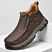 abordables Botas de montaña-Zapatos de trabajo sin cordones para hombre, de piel sintética marrón oscuro, con amortiguación: calzado resistente y con buen soporte para trabajos al aire libre y senderismo.