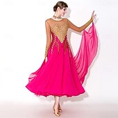 cheap Competition Wear-Women's Elegant Fuchsia &amp; Gold Ballroom Dance Dress Rhinestone Embellished Waltz Tango Modern Rumba Competition Performance Gown