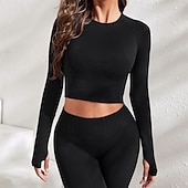 baratos Yoga Tops-Mulheres Camisetas Compressão Camada de base Tops de ioga Gola Redonda Compressão abdominal Manga Longa Esportes Côr Sólida Blusas Para Esportivo Pilates Roupas Esportivas