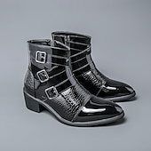 billiga Klädskor-Herrstövlar i vinröda lack i konstläder med tre spännen och krokodilstruktur – trendiga skor för kvällskläder, fester och speciella tillfällen