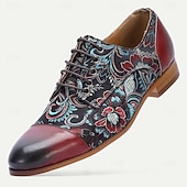 cheap Elemental Dress Shoes-Men's Black Leather and Floral Pattern Lace-up Shoes - Fashion-forward Footwear for Semi-formal Gatherings, Evening Parties and Trendy Casual Wear