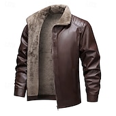 cheap Faux Leather Jackets-Men's Faux Leather Jacket Winter Jacket Fleece Jacket Casual Jacket Outdoor Casual Thermal Warm Pocket Fall Winter Plaid Streetwear Casual Hooded Regular Black Brown Jacket