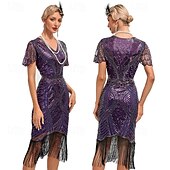 preiswerte 1920er Kleider-Goldene Zwanziger 1920er Knielang Flapper Kleid Kurze Ärmel Der große Gatsby Flapper-Mädchen Pailletten Fransen V Ausschnitt Kostüm Damen Weihnachten Karneval Abendgesellschaft Flüsterkneipe Maskerade