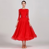 economico Sala da Ballo Standard-Abito da allenamento per ballo da sala da donna, elegante, nero, con maniche in pizzo, scollo a barca, valzer, tango, rumba moderna