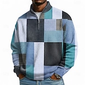cheap Geometric Pattern-Men's Geometric Plaid Waffle Sweatshirt Fashion Daily Classic Casual Stand Collar Quarter Zip Outdoor Home Office Work Blue Orange Green Gray Zip Up Fall Winter Designer S M L XL XXL XXXL