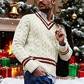 preiswerte Herrenpullover-Herren Weihnachtspullover Pullover Strickpullover Gerippt Stricken Normale Oberteile Gestrickt Farbblock V Ausschnitt Mode Basic Urlaub Alltagskleidung Bekleidung Herbst Winter Weiß Gelb S M L