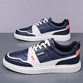 זול סניקרס קז'ואל-נעלי ספורט ספורטיביות לגברים בצבעי כחול כהה ולבן, קלות משקל ונוחות, עיצוב מודרני עם נגיעות כתומות, מושלמות ללבישה יומיומית וטיולים קז'ואליים