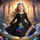  Flickor 3D Grafisk Regnbåge Enhörnings Klänning Långärmad 3D-tryck Vår Höst Prestanda Semester Fest Ledigt Prinsessa Skön Barn 4-12 år Vardagsklänning A linjeklänning Knälång Normal